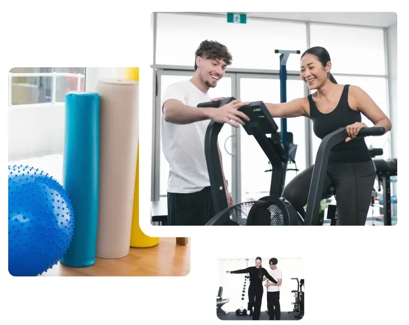 A physiotherapist of Physio Physique is assisting a woman working out on the bike.